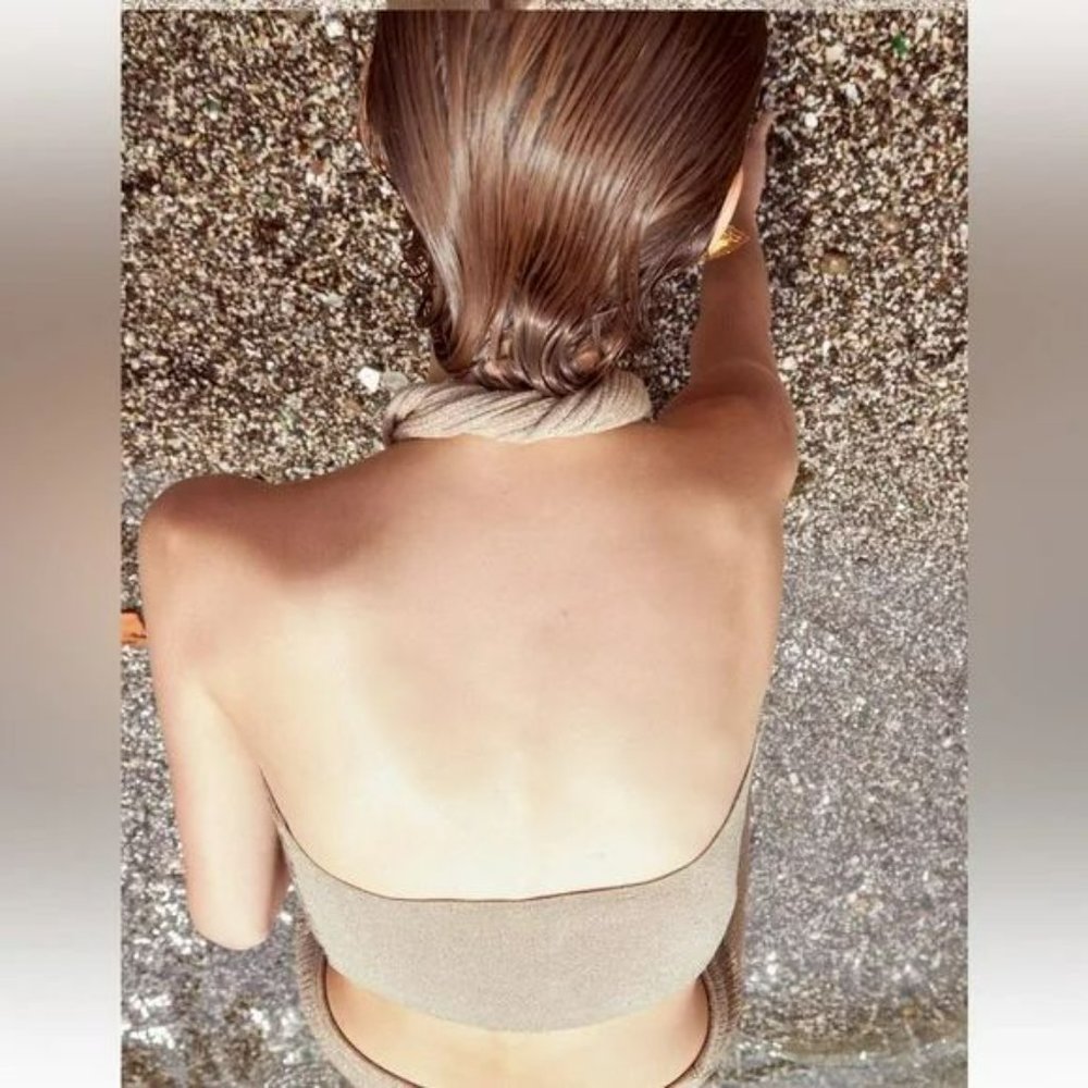 RARE ZARA 2 PIECE GOLDEN METALLIC THREAD WRAP KNIT TOP AND KNIT SKIRT - Picture 6 of 8